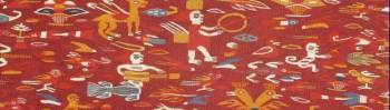 geweven manta, Inca Indianen, 16e eeuw - op deze shawl (manta) staan hoogst ongebruikelijke afbeeldingen zoals een zeemeermin met een gitaar en verder dieren, planten, vogels en een mand vol offergaven.